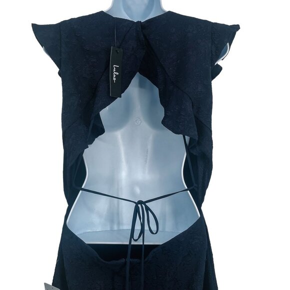 Lulu's Jacquard Sophisticated Soiree Navy Blue High Low Open Back Ruffles - Picture 7 of 15